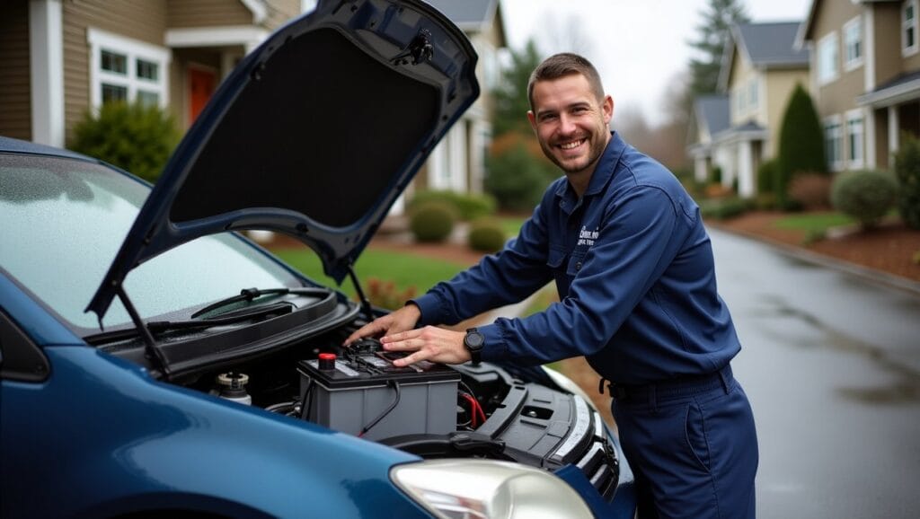 A mobile mechanic in Portland, OR replacing a car battery in a residential driveway on a rainy day