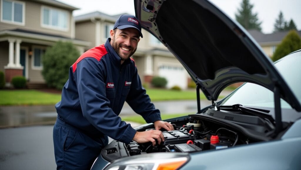 The car hood is open, tools are visible, and the mechanic is wearing a branded uniform with a friendly smile. Urban homes and wet pavement in the background.