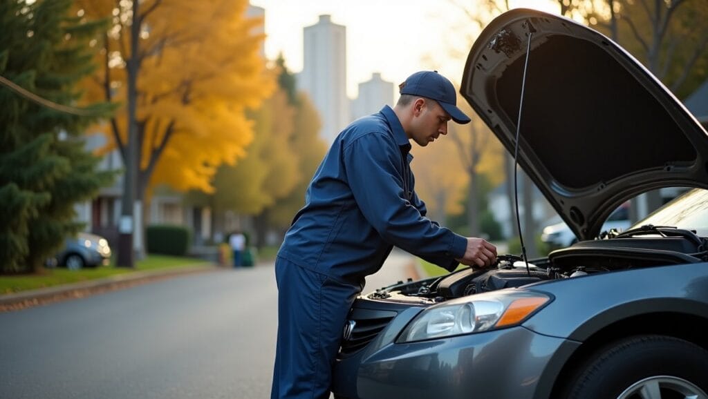 A mobile mechanic working on a car in Portland, OR. The mechanic is parked on a quiet residential street with the Portland skyline in the background, surrounded by trees. The car’s hood is open, and the mechanic is diagnosing the engine.