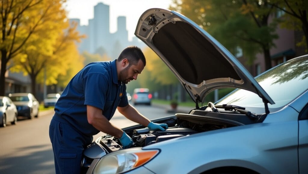 Emphasize the eco-friendly, convenient nature of the service with the mechanic working outside a home or office, showcasing the efficiency and flexibility of mobile repairs."