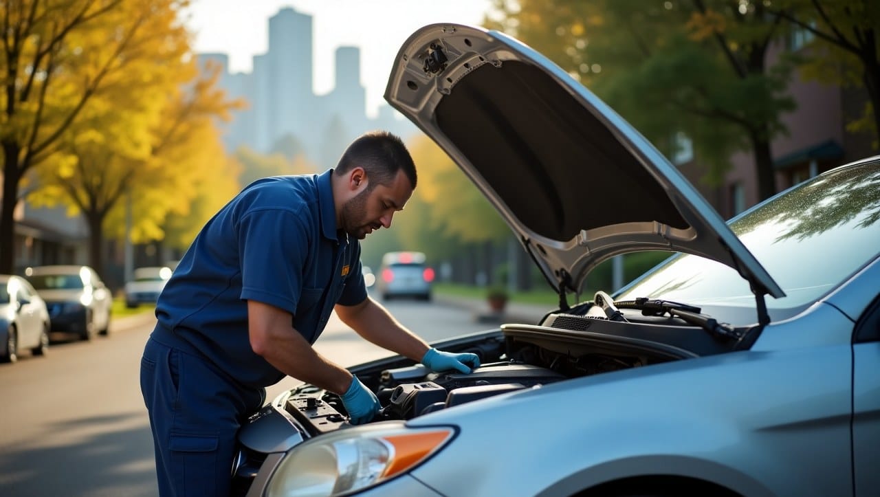 Emphasize the eco-friendly, convenient nature of the service with the mechanic working outside a home or office, showcasing the efficiency and flexibility of mobile repairs."